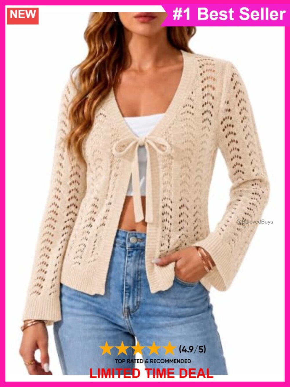 Crochet Knit Tie Front Open Cardigan Long Sleeve Boho Coverup